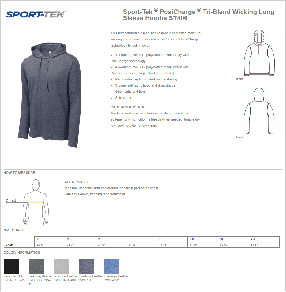 ST406 - Sport-Tek ® PosiCharge ® Tri-Blend Wicking Long Sleeve Hoodie ...